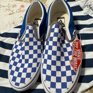 Vans Custom Classic Blue and White Checkered Slip-Ons with GoDallas CowboysGo